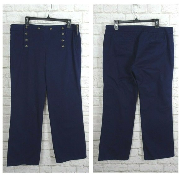 J. Crew Women's Sailor Pants Twill Button Wide Leg Navy Blue Modern Plus Size 14 - Picture 2 of 12